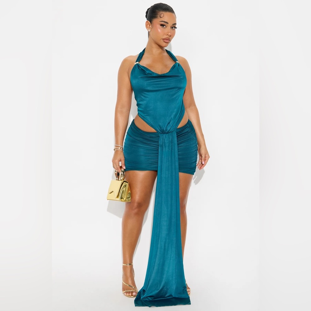 FASHIONNOVA Teal Gemma Ruched Draped Sexy Tie Around Cowl Neck Mini Dress